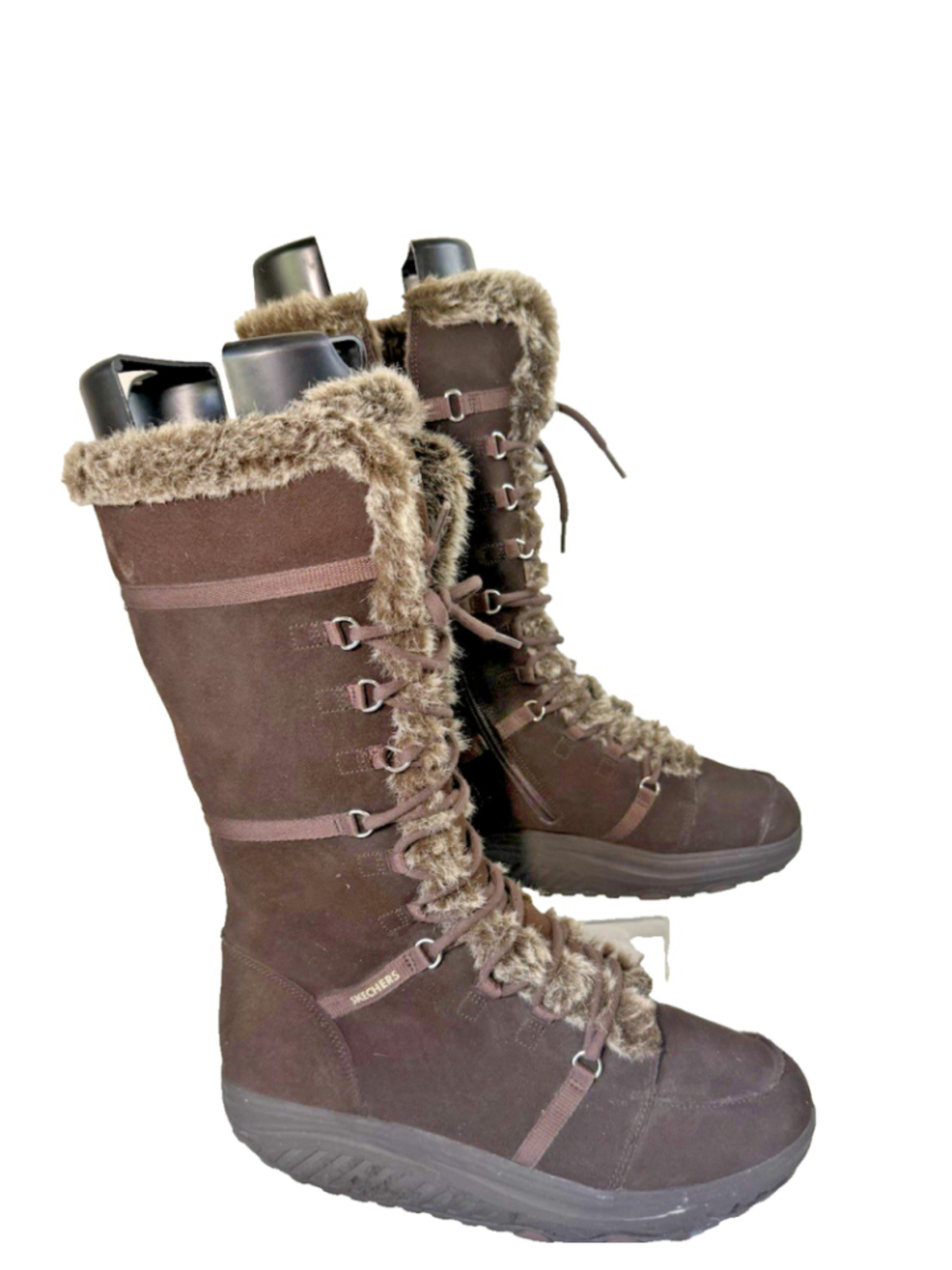 SKECHERS Shape Ups Boots Size 11 Brown Suede Leather, Faux Fur Rare